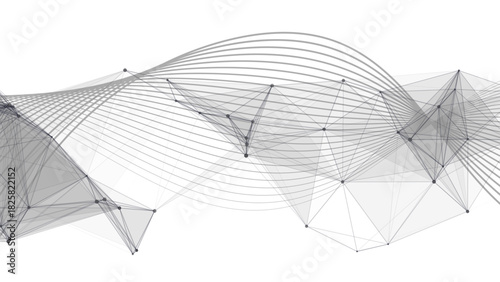 Abstract Dynamic White Tech Background with Grey Wireframe Wave with Polygonal Mesh. Futuristic Data Flow, Neural Network Concept, & 3D Geometry for Business Presentations.