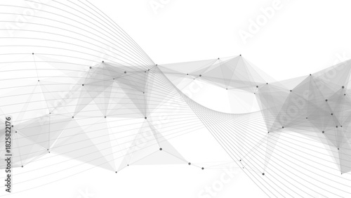 Abstract Dynamic White Tech Background with Grey Wireframe Wave with Polygonal Mesh. Futuristic Data Flow, Neural Network Concept, & 3D Geometry for Business Presentations.