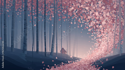 Warm glowing feathers falling through an enchanted twilight forest surrounding a softly illuminated cabin in a magical atmospheric landscape.