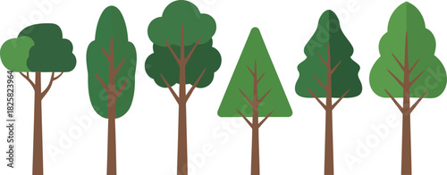 Set of six flat design green trees of various shapes