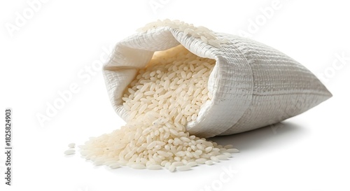 Raw white rice grains spilling from an open textile bag on a white background.