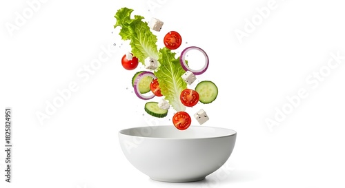 Fresh salad ingredients falling into a white bowl, dynamic food preparation.