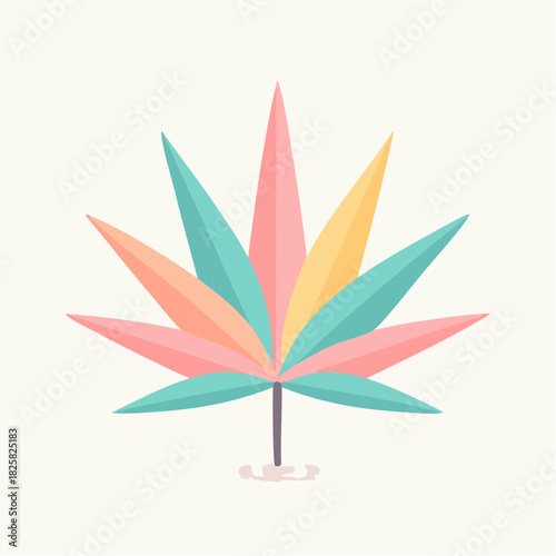 Stylized Cannabis Leaf In Pastel Colors Pink Teal Orange Yellow On A Light Cream Background With A Thin Stem