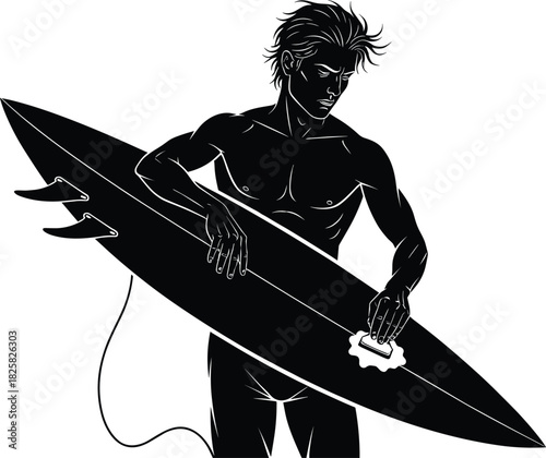 Bold silhouette surfer preparing surfboard with wax, extreme sport ocean lifestyle illustration, coastal beach adventure concept for surfing and water sports