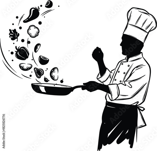 Chef silhouette cooking vegetables in frying pan, creative culinary scene showing professional cooking skills, restaurant kitchen food preparation concept illustration