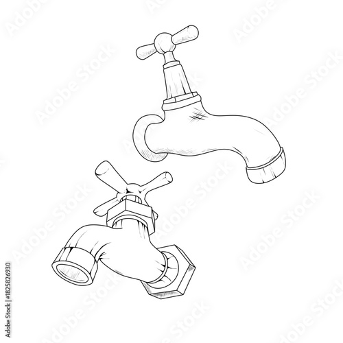 water faucet garden tap hand drawn line art sketch vector illustration