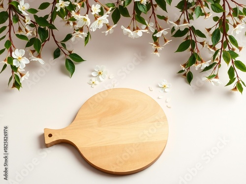 Empty wooden serving board with delicate white blossoms and green leaves overhead