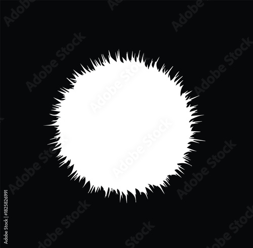 Dynamic white spiky circular burst graphic, a powerful vector silhouette illustration symbolizing energy, impact, or a dramatic flash effect on a versatile background