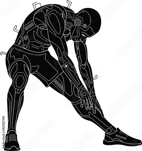 Futuristic humanoid robot stretching leg muscles, advanced cybernetic athlete preparing for workout, high-tech biomechanical figure demonstrating flexibility and fitness movement illustration