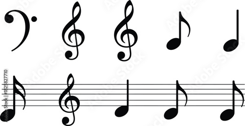 Various musical symbols including clefs and notes on a staff