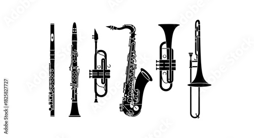 Vector Set of Black and White Wind Musical Instruments – Outline Illustrations