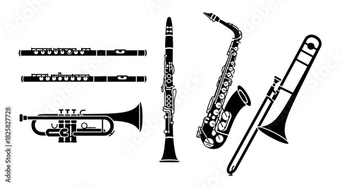 Vector Set of Black and White Wind Musical Instruments – Outline Illustrations