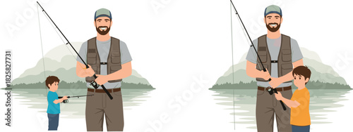 Happy father teaching young son fishing techniques on a peaceful lakeside adventure, showcasing family bonding, outdoor recreation, and nature lifestyle imagery