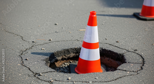 Road construction involving an orange traffic cone placed near pothole in asphalt surface, indicating road construction ahead. Road construction creates delays, diversions,