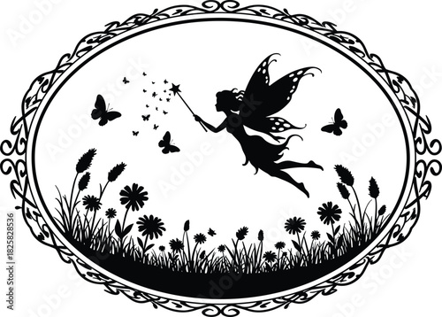 Magical fairy flying with butterflies and flowers in ornate frame, fantasy silhouette design for enchanted garden, magic and nature illustration
