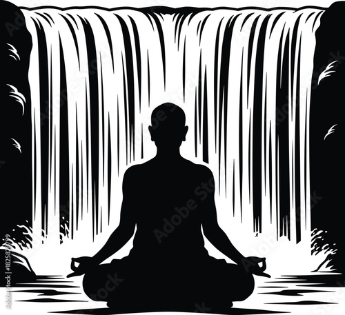 Meditation silhouette in lotus pose with peaceful waterfall background, mindfulness, calm energy, inner balance, spiritual nature retreat, relaxation wellness concept