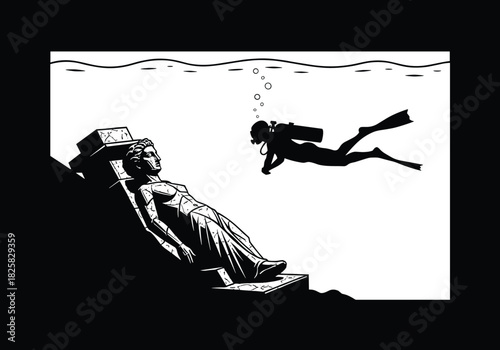 Scuba diver exploring submerged ancient statue, dramatic underwater archaeological scene showing lost ruins, mysterious deep sea discovery concept in bold silhouette illustration