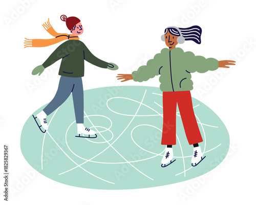 Vector illustration with flat cartoon man and woman ice skating outdoors in winter clothes, joyful park leisure, fun seasonal activity for holiday visuals, cute characters having fun on christmas
