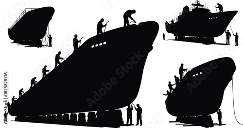 Shipyard workers repairing large vessel on dock, industrial marine engineering maintenance, welding and inspection work, ship construction and maritime industry concept