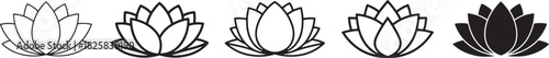 Stylized lotus flower icons in a row, featuring outline and solid glyph variations, representing purity, growth, and spiritual awakening design elements Vector