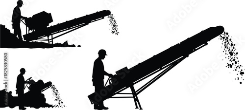 Silhouette construction workers operating conveyor belt machine, industrial material handling system, mining and gravel production process illustration for heavy industry concept