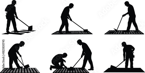 Silhouette construction workers paving road with tools, industrial laborers working on surface maintenance, asphalt repair and infrastructure development concept design