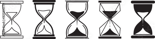 Collection of five distinct hourglass vector icons, symbolizing time, measurement, deadlines, and urgency on an isolated background. Vector