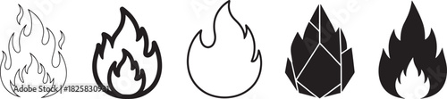 Set of diverse minimalist fire flame icons symbols, representing heat energy danger warning creativity warmth and passion concept elements. Vector
