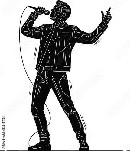 Silhouette male singer performing with microphone, passionate musical performance on stage representing entertainment, music talent, live concert and artistic expression