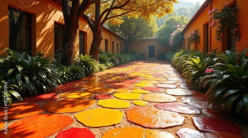 Vibrant autumn pathway lined with colorful leaves and lush greenery