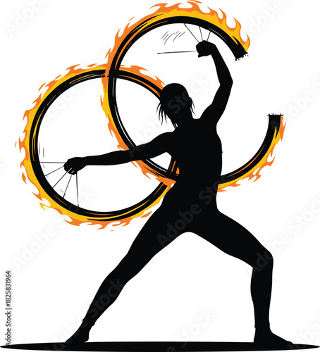 Silhouette of a fire performer woman spinning flaming hoops, circus talent, dangerous fire show art performance, dramatic body pose, flames and movement