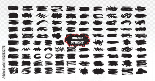 Large collection of diverse grunge black paint brush strokes and texture stains. Hand-drawn artistic elements on a transparent background for abstract backdrops, borders, masks, and overlays.