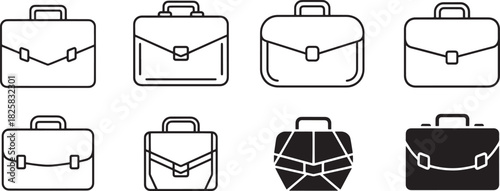 Minimalistic collection of various briefcase line art and solid fill icons, symbolizing professional work, legal documentation, and corporate accessories. Vector