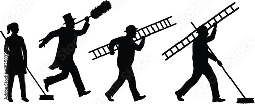 Silhouette of chimney sweeps and workers carrying ladders and cleaning tools, traditional chimney cleaning and maintenance concept illustration