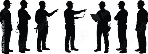 Silhouette of construction workers and engineers discussing project plans on site, teamwork, supervision, coordination, and management concept illustration