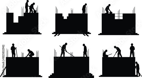 Silhouette of construction workers building concrete structure, reinforcing steel bars, teamwork at construction site, civil engineering and industrial development process