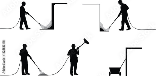 Silhouette of construction workers cleaning concrete surfaces with power washer, industrial cleaning and maintenance work at construction site