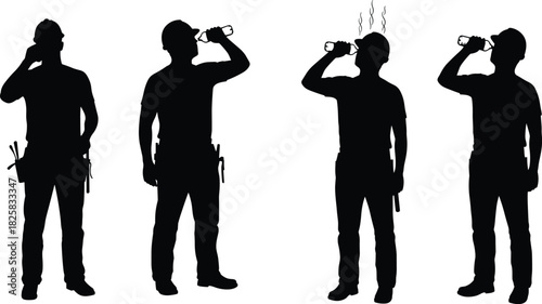 Silhouette of construction workers drinking water and taking a break under heat, hydration and safety at work concept illustration