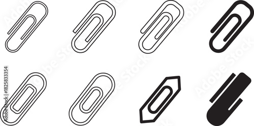 Versatile paperclip icon set, line art and solid fills, for office supplies, document management, and digital file attachment concepts Vector