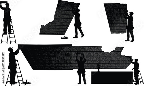 Silhouette of construction workers installing ceiling panels, teamwork on building interior renovation, professional maintenance and home improvement concept illustration