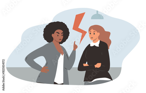 A vector illustration depicting a quarrel and tense relationships at work. Two women are arguing in the office.