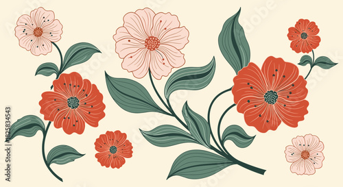 Collection of beautifully drawn red and pink flowers with dark green leaves in a charming vintage botanical illustration style.