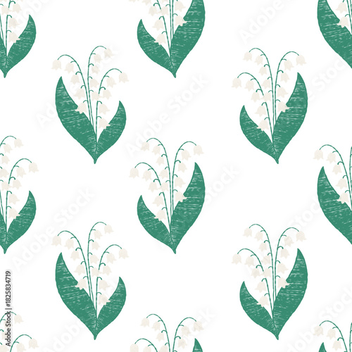 Floral Seamless pattern with May lilies of the valley on white background. Hand-drawn Crayon Spring template with forest flowers. Vector illustration for design, packaging, wallpaper and decor. Not AI
