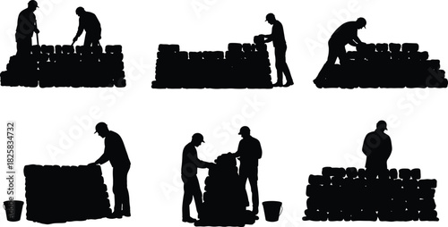 Silhouette of construction workers stacking bricks and building walls, teamwork, labor, industrial construction process and manual masonry work concept illustration