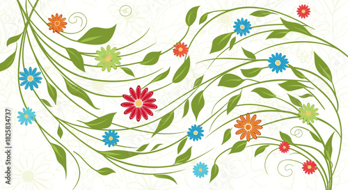 Joyful background of tangled green vines and colorful simple flowers creating a cheerful and lively spring or summer pattern.