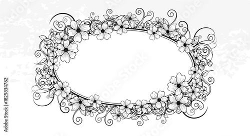 Beautifully detailed oval floral frame made of hand-drawn flowers and swirling vines in a black and white vintage style.
