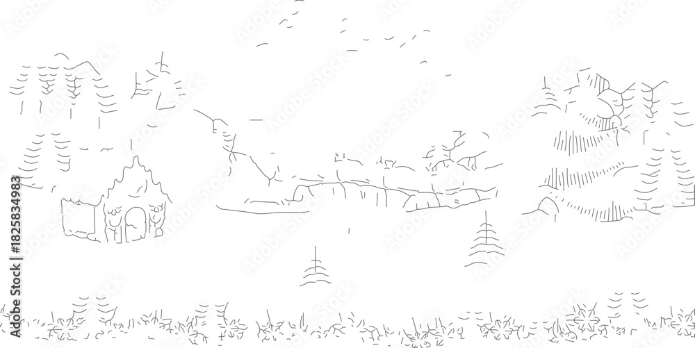 Fototapeta premium Winter landscape scene with cabin and trees in the snow.