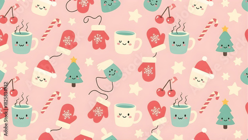 Cute Christmas Seamless Pattern – Kawaii Winter Coffee, Mittens, Trees & Candy Canes | Pastel Pink Vector | Vector for Fabric, Wrapping Paper & Holiday Designs