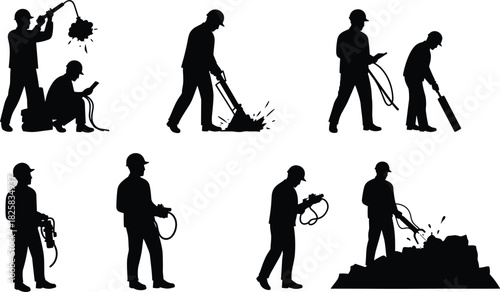 Silhouette of construction workers using jackhammer and tools on site, industrial labor concept showing hard work, safety, and teamwork