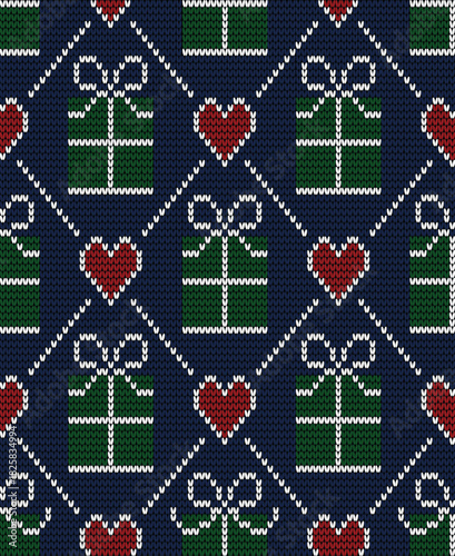 Christmas gift box  Red heart  grid knitted fabric pattern suitable for printing on clothes  weaving.